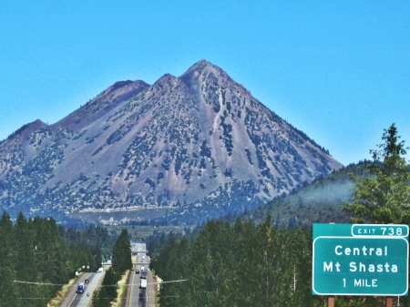 black butte - sky, road, cindercone, trees, mountain