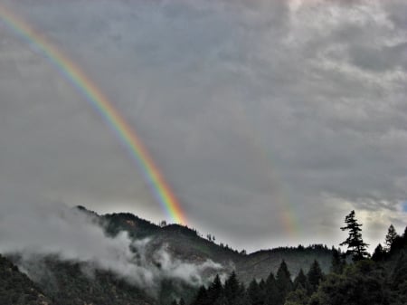 the end of the rainbow - nature, rainbow, trees, clouds, mists, mountains