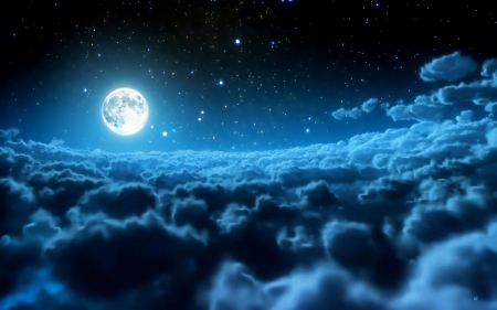 Moonlight - moon, blue, night, fantasy, white, cloud, full, luminos, sky, luna