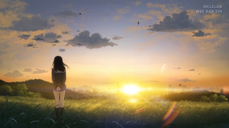 Sunset Solitude - sky, hills, long hair, sunset, anime girl, seifuku, black hair, school uniform, clouds, anime, grass