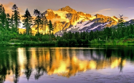 Serenity at Mt Shuksan - nature, lake, trees, reflection, snow, mountains