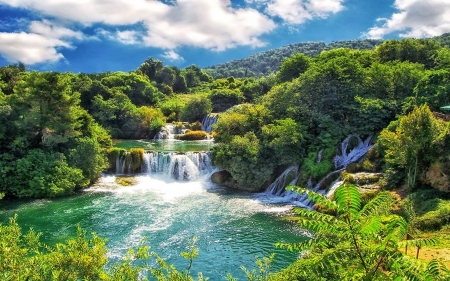 Waterfalls - clouds, waterfalls, trees, nature, green, forest