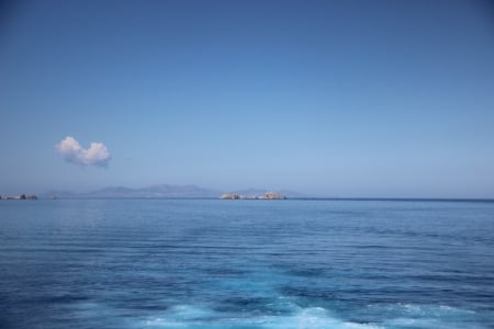 Ferry - clear skies, one cloud, happy place, turquoise ocean