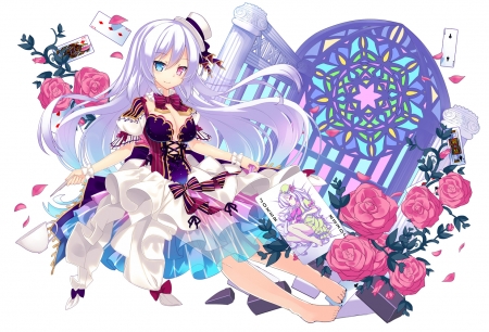 Girl - anime, nyori, blue, girl, joker, flower, pink, white, card