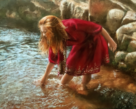 Redhead - redhead, girl, water, summer, painting, art, luminos, red, ralf, pictura, rock, sea, dress