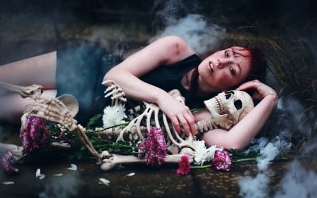 Forever - girl, flower, pink, death, dark, skull, black, woman, model, skeleton