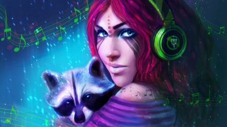 :-) - redhead, girl, fantasy, magicnaanavi, purple, raccoon, headphones, luminos, blue, green