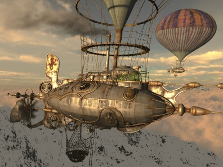 Steampunk Submarine Airship - sky, art, clouds, flight, balloon