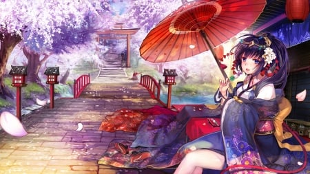 Geisha - anime, geisha, blue, girl, manga, umbrella, parasol, red, asian