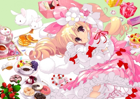 Loli - sweets, girl, lolita fashion, picnic, summer, loli, bunny, white, pink, anime, food, manga