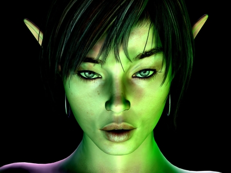 Elf - face, rendering, elf, girl, luminos, eyes, green, fantasy