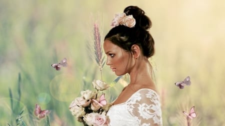 Boho Bride - women, model, beautiful, girl, boho, gorgeous, pastel, etheral, breathtaking, woman, pretty, soft, flowers, bride, butterflies, roses, lovely, stunning