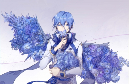 Kaito - anime, vocaloid, blue, angel, flower, man, male, manga, kaito, wings