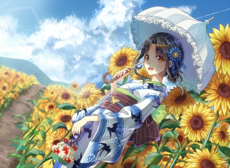 Geisha - nekozuki yuki, anime, yellow, summer, geisha, blue, girl, kimono, manga, umbrella, sunflower