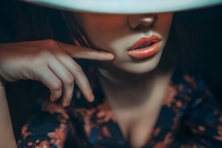 Beauty - woman, lips, hat, girl, hand, orange, model