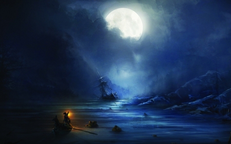 Moonlight - moon, fantasy, water, assassins creed, blue, ship, luminos, luna