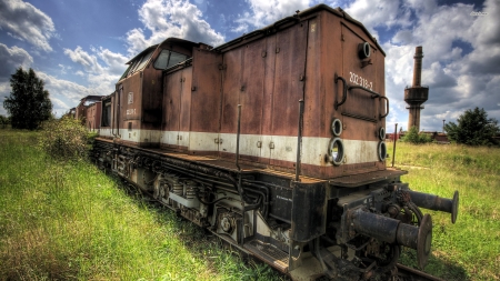 rusty old train - train, track, locomotive, grass