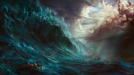 Epic battle of water and air - air, summer, fantasy, waves, art, rongrong wang, battle, epic, luminos, sea