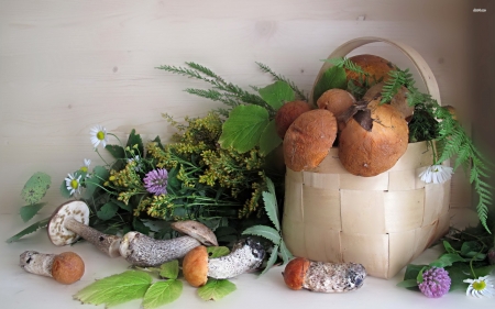 mushrooms in a basket - mushrooms, basket, flower, leaf