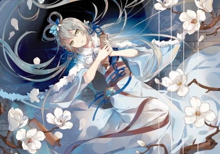 Girl - luo tianyi, girl, spring, white, vocaloid, blue, blossom, magnolia, flower