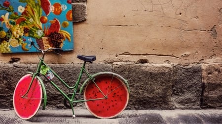 Bicycle - red, summer, funny, watermelon, fruit, bicycle