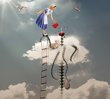 Phantasmagoria - bird, blue, dress, girl, creative, copil, child, fantasy, stairs, cloud, alice, sky