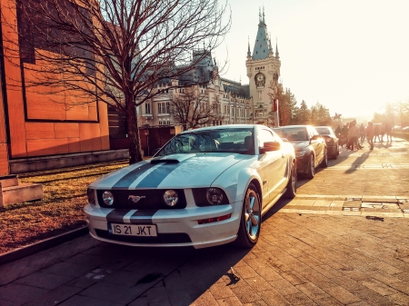 White Ford Mustang - arhitecture, mustang, cars, people