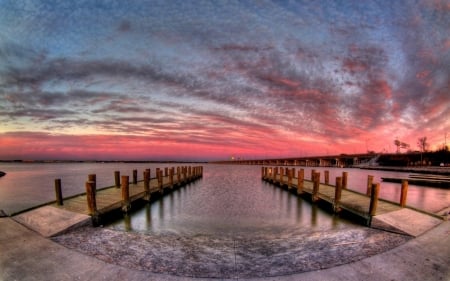 Pink Sunset - two, beach, pink, sunset, piers