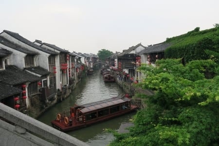 Moon river town - river, China, water, water ancient city style, boat, Jiaxing, maple, old house