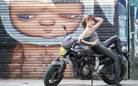 beauty and the beast - girl, motorcycle, asian, yamaha