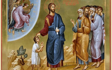 Jesus Blessing the Child - blessing, apostles, angels, Christ, child, Jesus