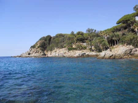 Sea 2 - stone, blue, beach, sea, ocean, forest, deep, fantasy, spain, sky