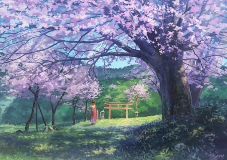 Spring - manga, anime, somei yoshinori, girl, spring, pink, tree