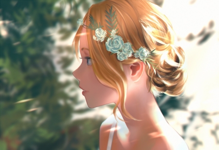 Girl - manga, anime, wreath, redhead, summer, girl, flower