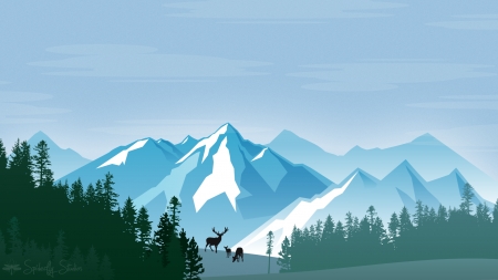 Mountains - abstract, blue, deer, vector, texture, mountain, tree