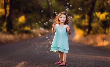 Little girl - summer, blue, dress, bubbles, girl, little, copil, child