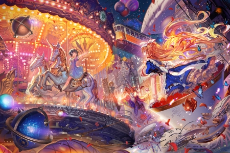 Wonderland - wonderland, anime, alphonse, carousel, girl, horse, manga, alice, luminos