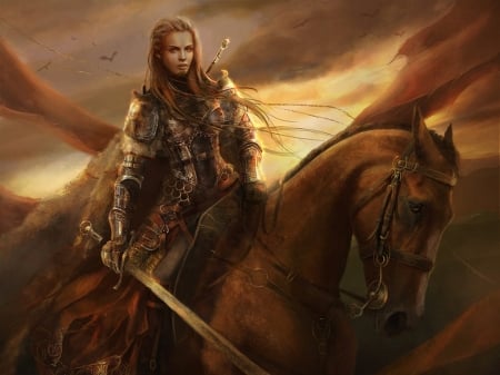 Fantasy girl - frumusete, fantasy, rider, girl, sword, horse, luminos