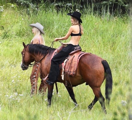 Searching The Fields . . - chaps, female, boots, fashion, hats, brunettes, western, cowgirl, style, Candice Swanepoel, women, models, girls, outdoors, horses, Josephine, blondes, ranch, Josephine Skriver