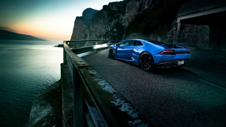 Lamborghini Huracan - blue, sports car, water, road, lambo