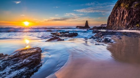 Jones Beach at Sunset - nature, sky, beach, jones, sunset, sea, rocks