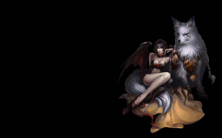 Fox girl - black, fantasy, white, animal, fox, girl, luminos, ahri