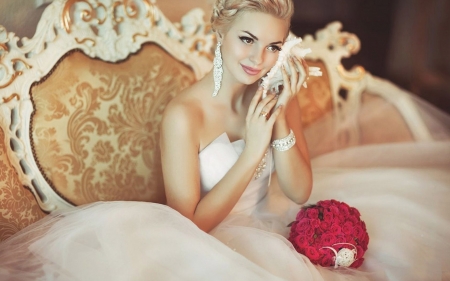 Beauty - shell, bride, sofa, model, girl, flower, bouquet