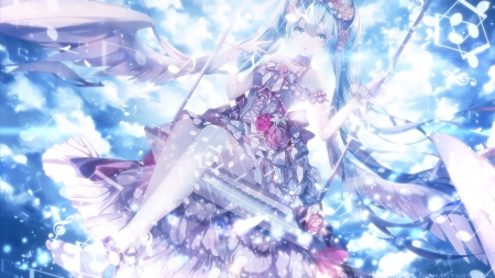 Hatsune Miku - pink, vocaloid, anime, girl, blue, manga, wings, white, tagme, fantasy, swing, luminos, angel, hatsune miku