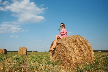 :-) - woman, sky, girl, hay, blue, summer, field, model