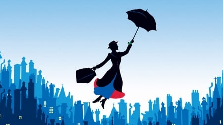 Mary Poppins returns (2018) - woman, silhouette, movie, girl, fantasy, black, poster, mary poppins returns, umbrella, blue, disney