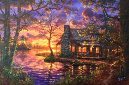 Hiding Places - attractions in dreams, autumn, cabins, lakes, nature, love four seasons, sunsets, paintings, fall season, landscapes