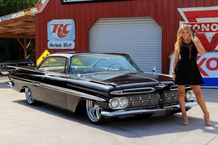 1959 Chevy Impala 348 3 Deuces and Girl - 348, chevy, girl, muscle, car, old-timer, impala, 3 deuces