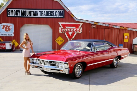 1967 Chevy Impala 283 Automatic and Girl - girl, 283, impala, automatic, chevy, muscle, car, red, old-timer