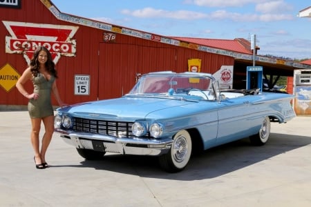 1960 Oldsmobile Super 88 Convertible National Winner 394 and Girl - Muscle, Car, Super, Winner, Oldsmobile, Girl, National, Convertible, 394, Old-Timer, 88